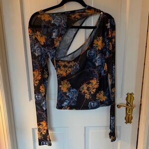 Ksubi Black Mesh Floral Long-Sleeve Top with Blue and Orange Flowers